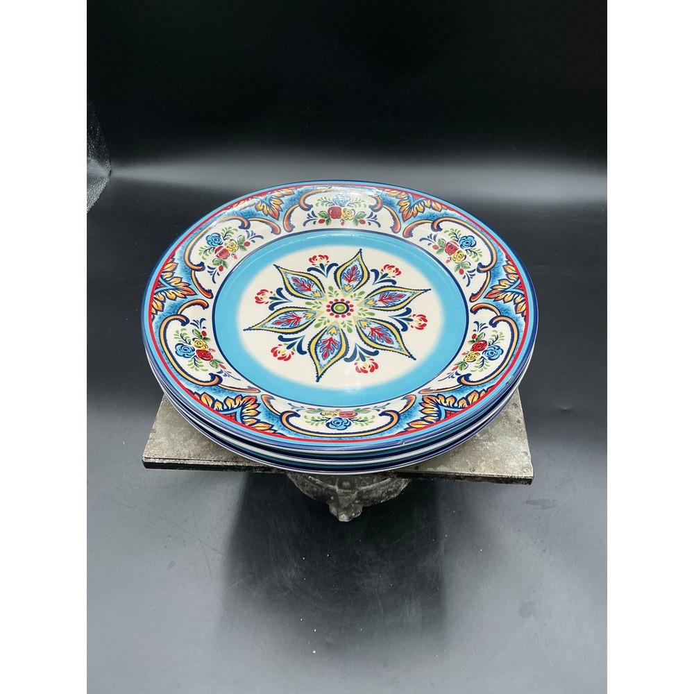 Euro Ceramica Zanzibar Dinner Plates Set of 3 Blue Floral Spanish Design 10.75in